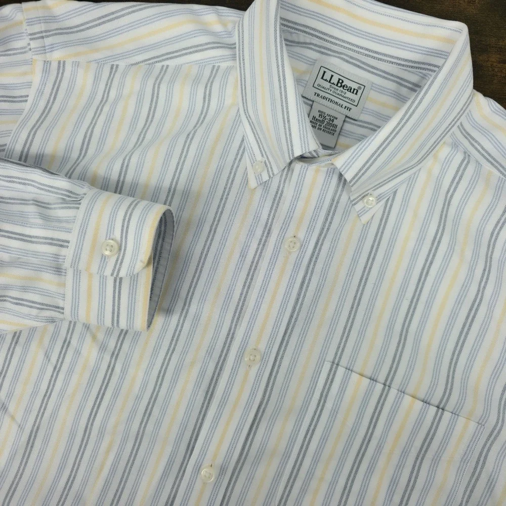 LL Bean Dress‎ Shirt 15.5-34 Pinstripe Striped Button Down Wrinkle Resistant L/S